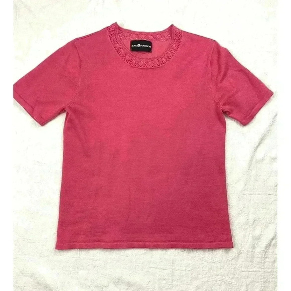Sag Harbour Women's Coral Soft Sweater Top Medium Short Sleeve Crocheted Trim - Picture 11 of 11